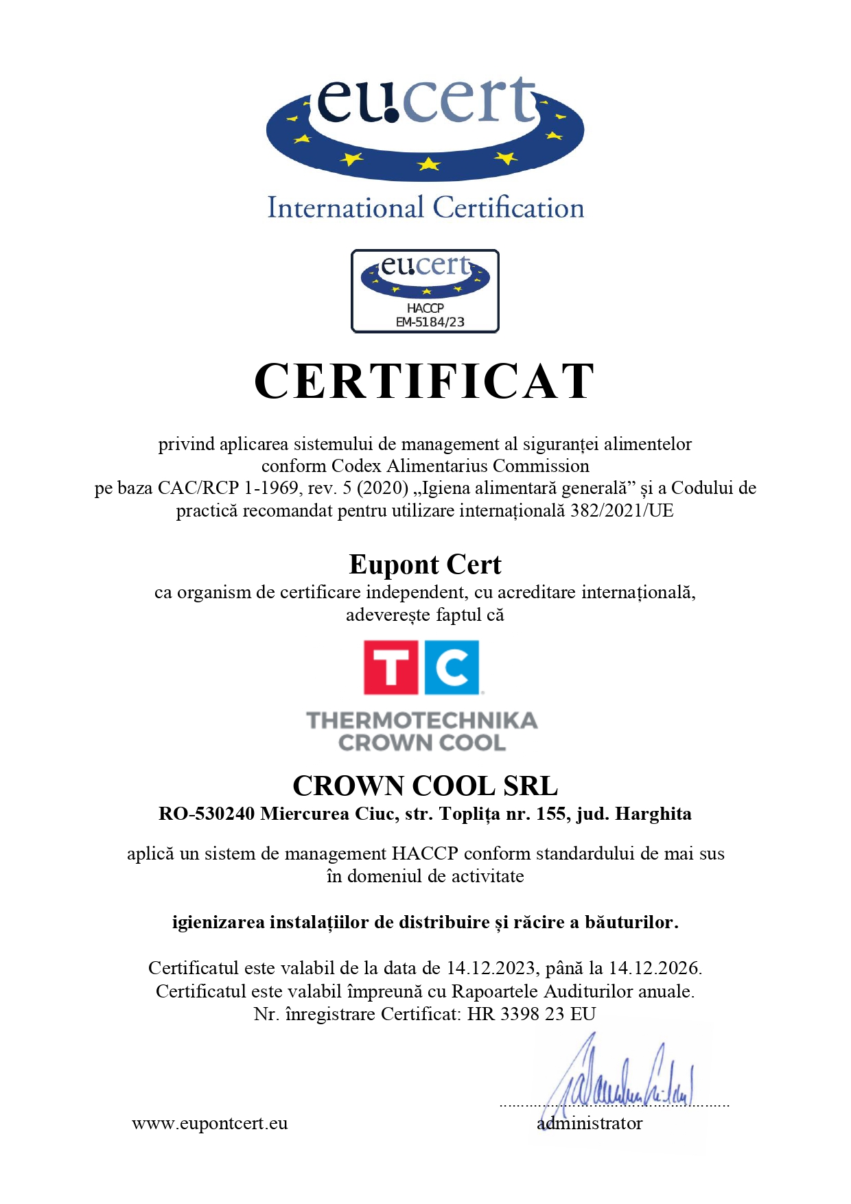 Certificat HACCP